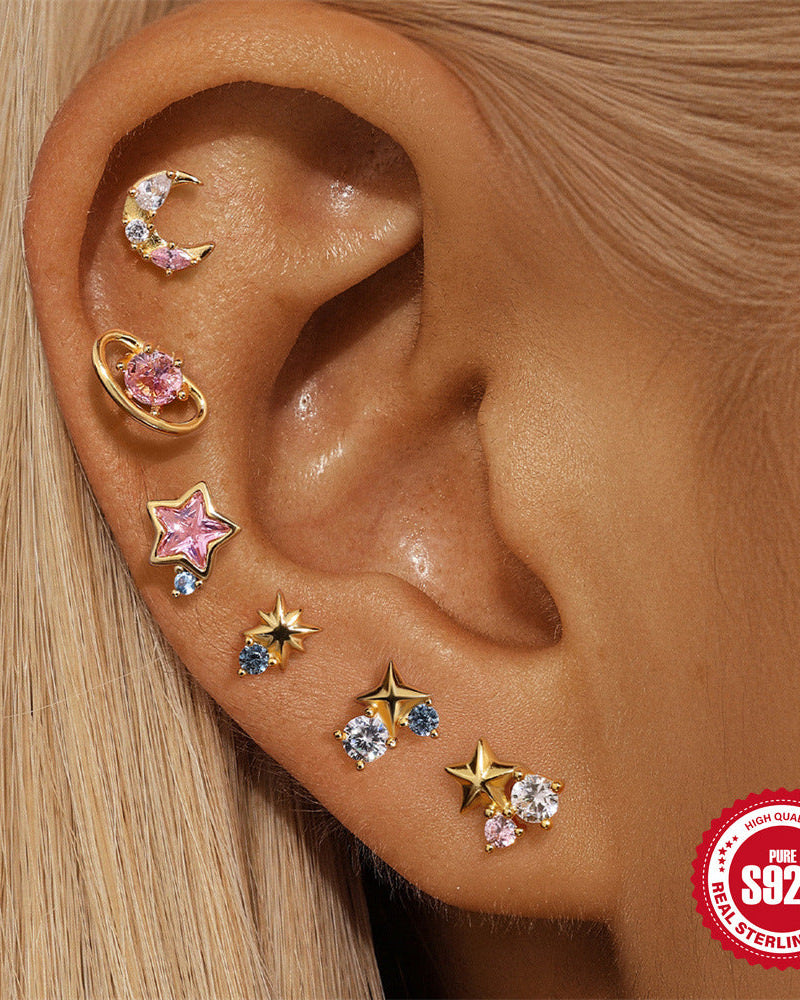 Stariel - Moon & Star Stud Earrings (Blue Pair)